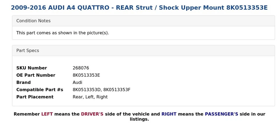 2009-2016 AUDI A4 QUATTRO - Apoio de suspensão traseiro / amortecedor montagem superior 8K0513353E - Imagem 4 de 4