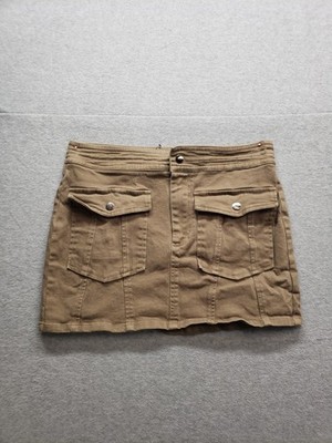 French Kiss Women Mini Skirt L Brown Zip Snap Pockets Waistband Stretch Outdoor