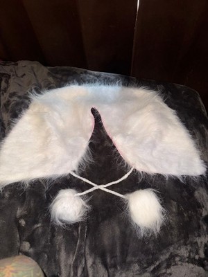 White Faux Fur Collar with Pink Satin Lining and Pom Pom Ties