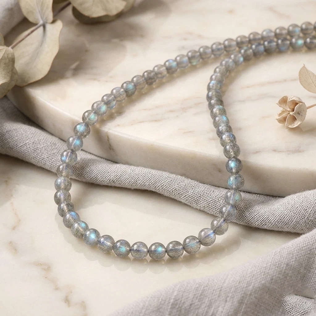 Natural Flashy Labradorite 4-6MM Smooth Round Gemstone Beads Unisex Necklace 18" image 4