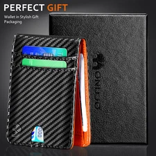 RFID Blocking Leather Carbon Fiber Mens Wallet Purse Slim ID Credit Card Holder