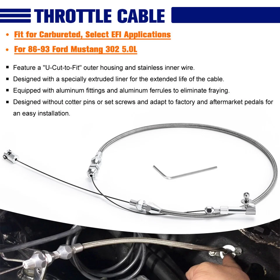 Cable acelerador de acero inoxidable 24" aluminio SS para 86-93 Ford Mustang 302 5,0 L Foto 4 de 4