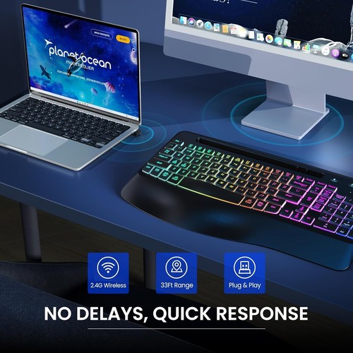 Wireless RGB Ergonomic Keyboard, Rechargeable, Wrist Rest, Mac PC, 90 Keys - Picture 5 of 7