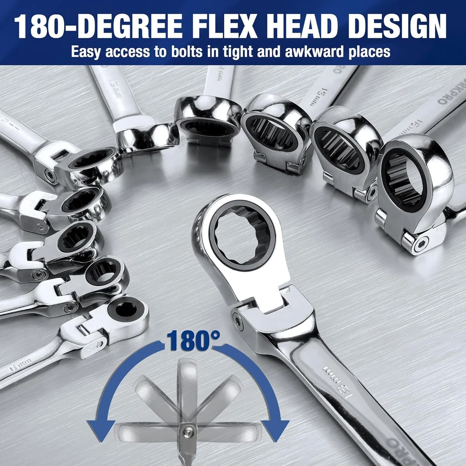 WORKPRO 22PC Ratcheting Wrench Set 72 Teeth Flex-Head Ratchet Combination Wrench - Image 4 of 4
