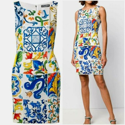 AUTH Dolce Gabbana sicilian tile majolica printed silk mini dress IT 36 