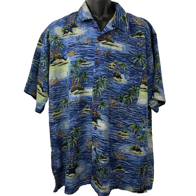 Zam Hawaiian Island Shirt Mens Size L Blue Green Palm Trees Boat Camp Button Up
