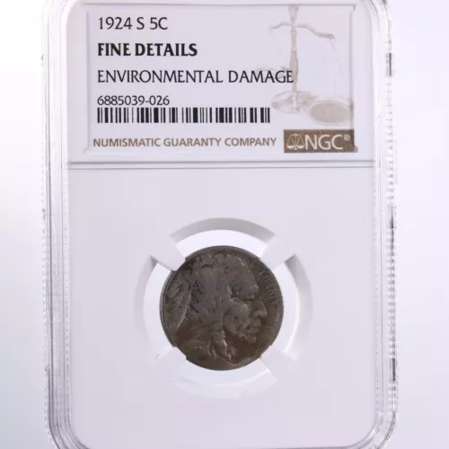 1924-S Buffalo 5C NGC Certified Fine Details Environmental Damage