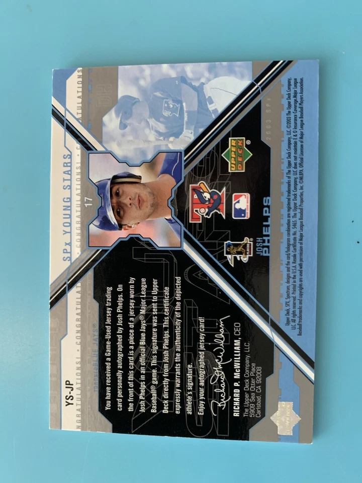 Camiseta deportiva autógrafa SPx 2003 - Young Stars #YS-JP Josh Phelps/1295 (AU, MEM) Foto 4 de 4