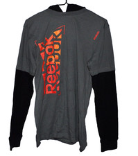 REEBOK SIZE YOUTH XL 14 16 GRAY BLACK RIBBED SLEEVES HOOD SWEATSHIRT TOP