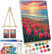 Paint by Numbers Kit for Adults with Frame, Flowers Paint by Number with Easel,D