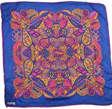 Vintage Print Scarf Burmel Blue Geometric Leaf Multicolor Silk