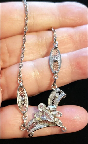 Sterling Silver Necklace Signed Am Lee Crystal Filigree Wedding Necklace wh03-30 - Picture 6 of 7