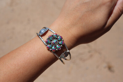Native American Multi Stone eingelegte Manschette Armband Sterlingsilber Gr. 7,25 Zoll
