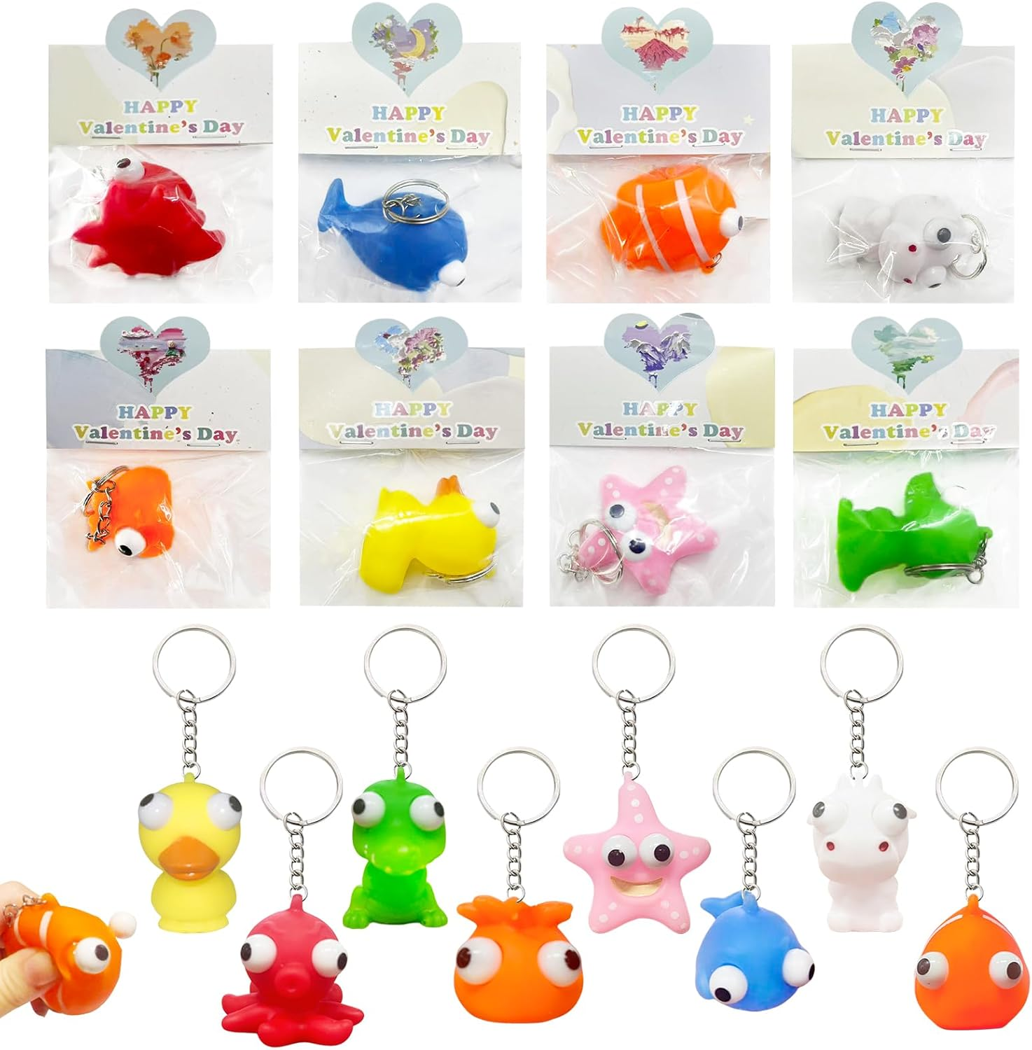 32-Pack Kids Valentine Cards with Pop-Eye Stress Reliever Keychain for School