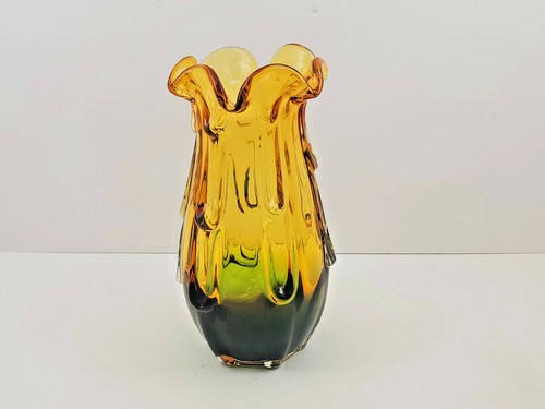 Chrisbska inspiriert Bernstein & Grün Kunst Glas Rüschen Rand Tropf Design Vase - Bild 2 von 9