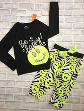JUSTICE GIRLS 6/7 PJ SET PAJAMAS BE HAPPY TOP AND CROPPED BOTTOMS SMILEY FACES