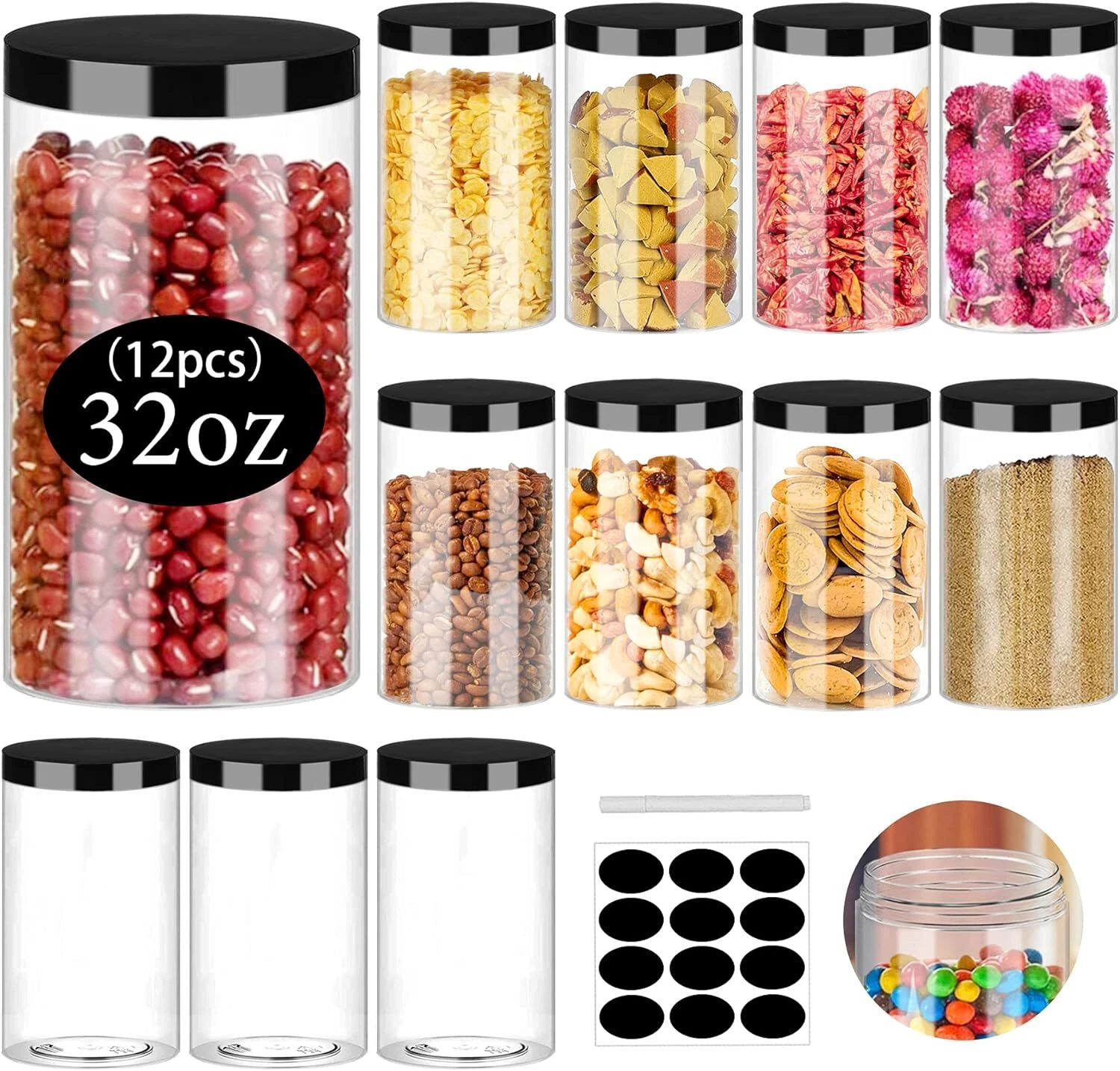 Clear Plastic Jars 32oz 12Pack Big Round PET Plastic Containers with Black Sc...
