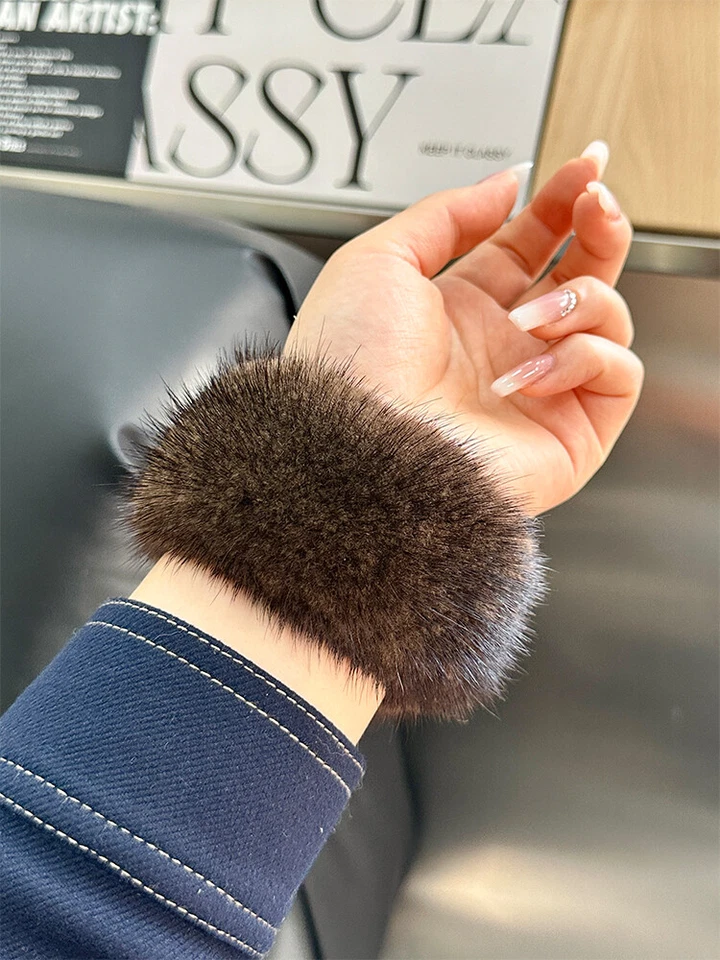 One Pair Cuffs Fingerless Stretch Real Mink Fur Gloves Sleeves Wrist Mittens - Image 2 of 4