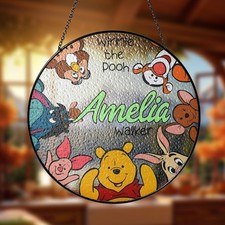 Pooh With Friends Stained Glass Suncatcher, Custom Name Kids Room Window Decor