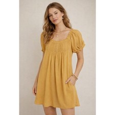 Lulus Always Happy Mustard Yellow Puff Sleeve Mini Dress XS Boho Cottage Prairie