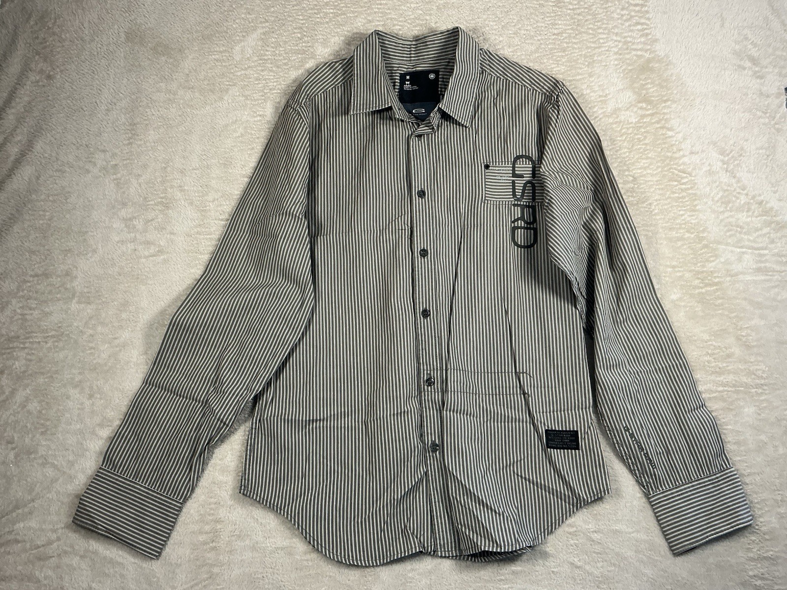 Mens G Star Raw Striped Shirt 100% Cotton Long Sleeved Grey Medium