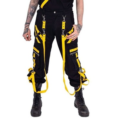 Puritues Vortex Black Yellow Bondage Cargo Strappy Goth Rave Punk Techwear Pants