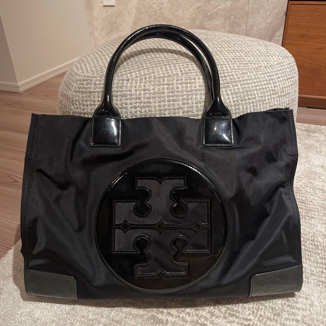 Tory Burch Ella Tote Bag Handbag Nylon Leather Black Women's From Japan