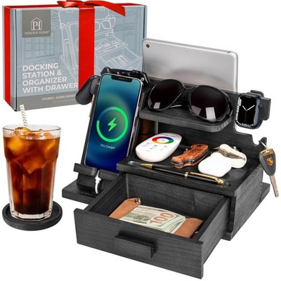 Parkway Home Black Wood Phone Docking Station with Drawer, Compatible with Ap...