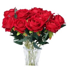 15PCS Artificial Roses Silk Flowers Fake Roses Realistic Bouquet Long Stem Red