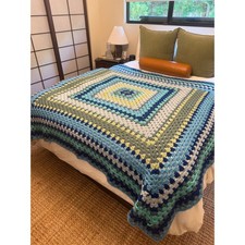 Vintage Handmade Crochet Granny Square Afghan Blanket Blue Green Yellow 74x78