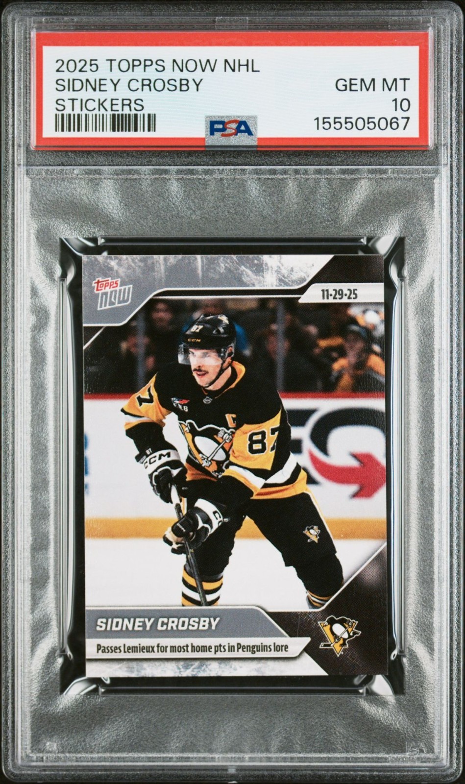 2025 Sidney Crosby Hockey Sticker Card #50 Most Home Points By A Penguin Psa 10 view 1