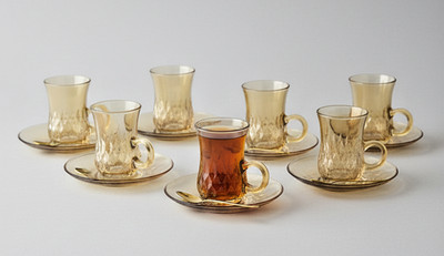 Türkisches Glas Rosegold Bernstein Teeservice 6 Tassen mit Untertasse Eid Geschenk