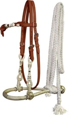 Fine Horse Tan Med Western Headstall Bridle Mecate Bosal Rawhide Showman Bitless