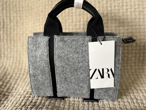 ZARA Filz Mini City Tasche | grau strukturierter Top Henkel + Riemen | Neu mit Etikett