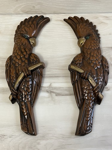 2 VTG MCM Miller Studios Brown & Gold Cockatoos Chalkware Wall Art Pair 14"