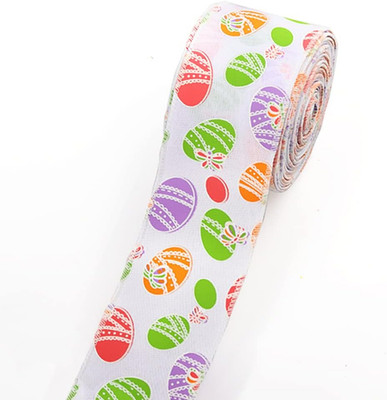 Easter Fabric Ribbons 10 Yards, Easter Egg Pattern White Background Printed Burl