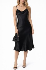 Bebe Black Satin Slip Dress Size L Cowl Neck Midi Knee Length Polyester Elegant