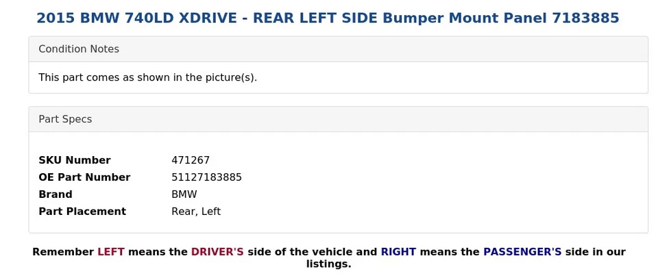 BMW 740LD XDRIVE 2015 - panel de montaje de parachoques trasero izquierdo 7183885 Foto 4 de 4