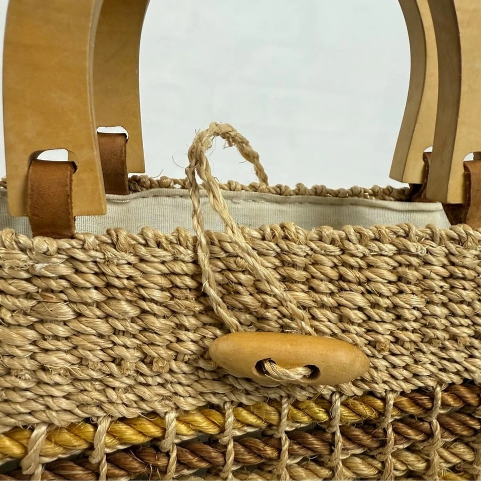 Vintage Talbots Straw Wicker Woven Wood Handle Linen Lined Tote Purse Bag - Image 4 of 4