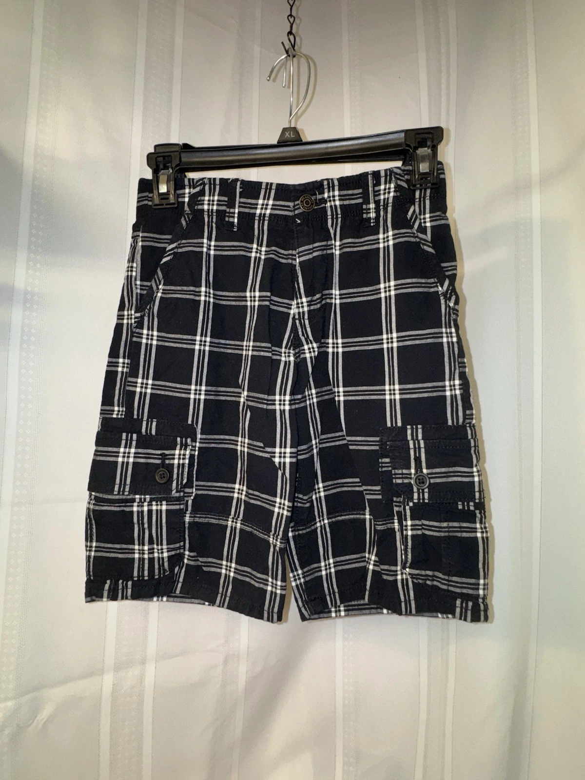 Youth Wrangler Flex Plaid Cargo Shorts Black White Cotton Spandex Pockets Zip
