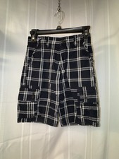 Youth Wrangler Flex Plaid Cargo Shorts Black White Cotton Spandex Pockets Zip