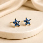 Crystal Stud Earrings Dark Blue Flower Gold Tone Tiny Floral Shiny Jewellery