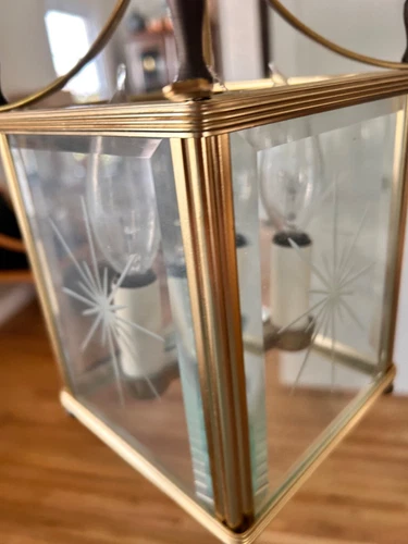 Chandelier 1950’s Pagoda Brass Etched Star Beveled Glass Panes UL