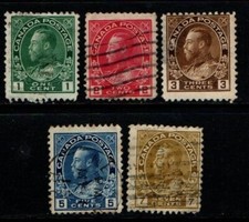 Canada 1911 1922 King George V selection to 7c SG198, 203-04, 205b, 209 Used