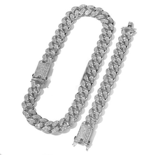 SET 2x Ice CZ 20mm 18K Gold Plated Brass Cuban Chain Necklace Bracelet  BUNDLE