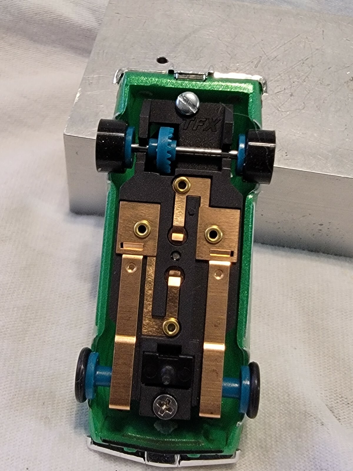 1969 Z-28 Camaro NU-RORA Green/Black  ho slot car with a TFX chassis 