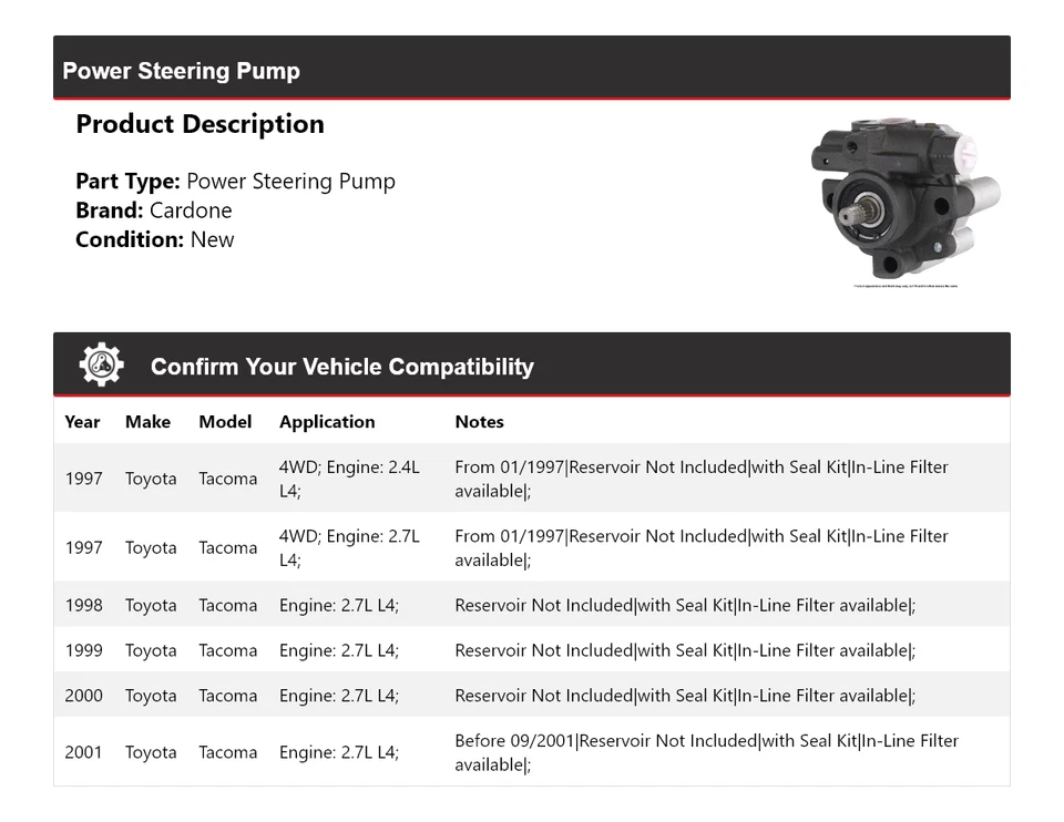 Bomba de dirección asistida Cardone para Toyota Tacoma 1997-2001 1998 1999 2000 Foto 2 de 4
