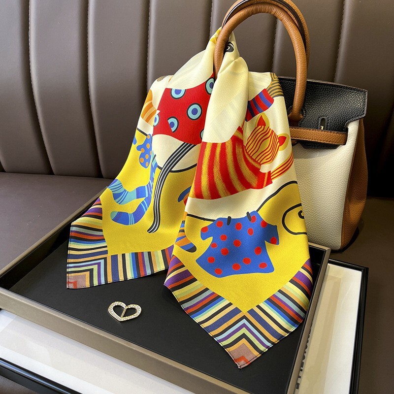 100% Silk Scarf Yellow Cartoon Tigers Women's Neckerchief Headband Wrap 65x65cm