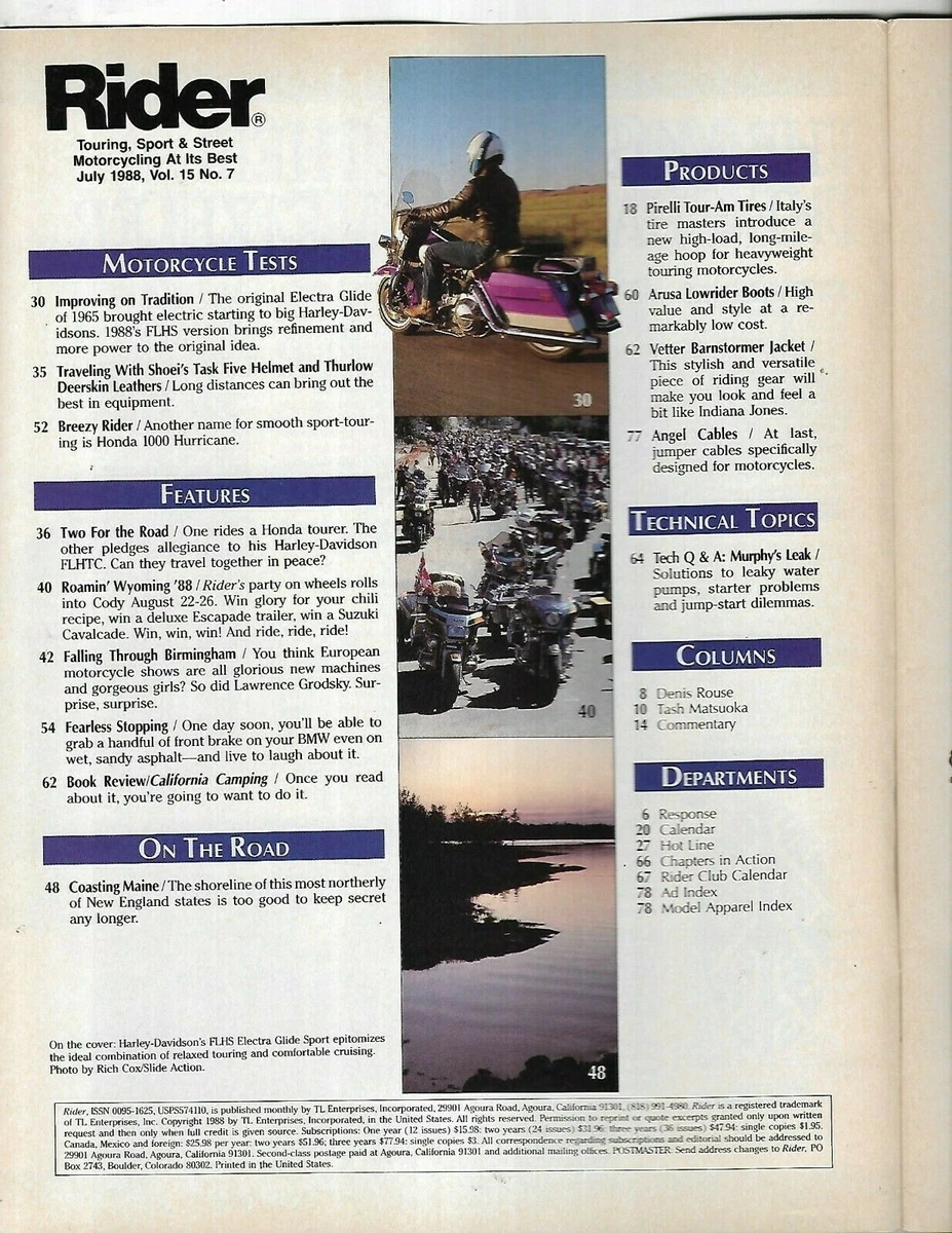 Rider Magazine July 1988- Honda 1000 Hurricane, Harley-Davidson Electra  Glide | eBay