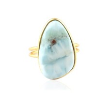 Blue Larimar Double Layer Statement Ring Gold Plated Collet Set Adjustable Ring